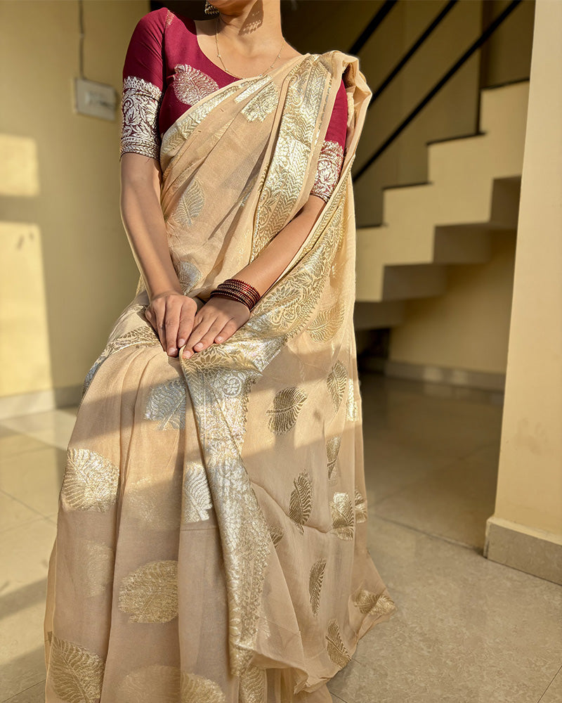 Cream Color Pure Viscose Georgette Saree