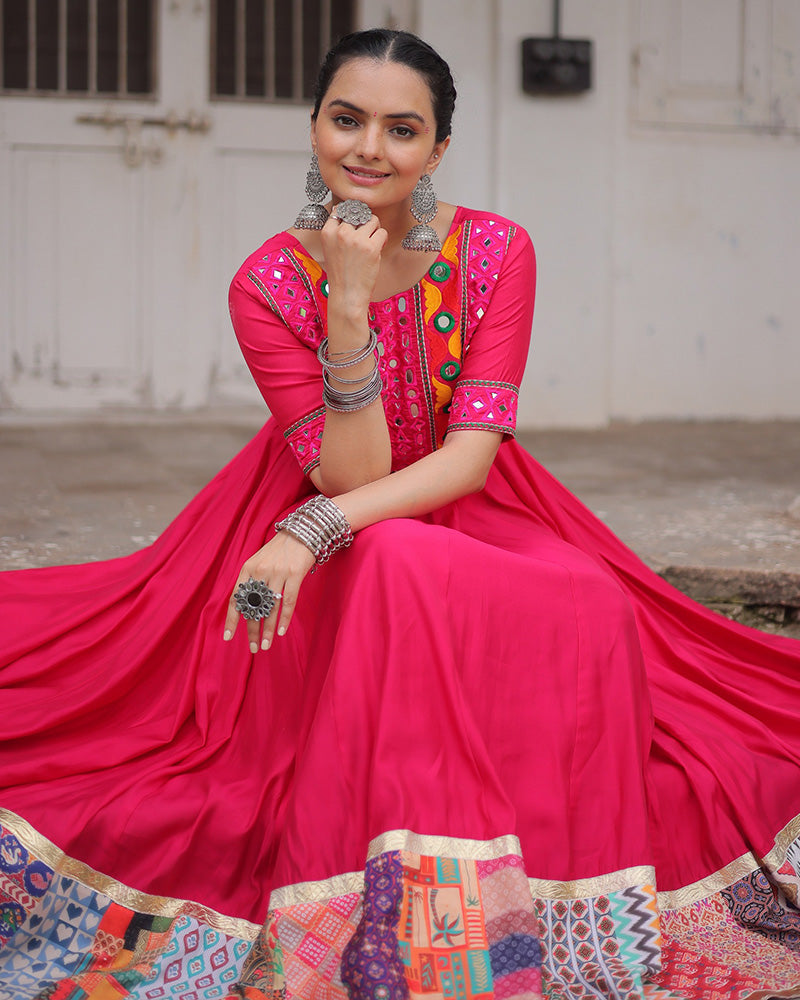 Vibrant Pink Color Ethnic Gamthi Work Navratri Gown