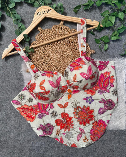 White Color Rumali Silk Embroidered Spaghetti Blouse