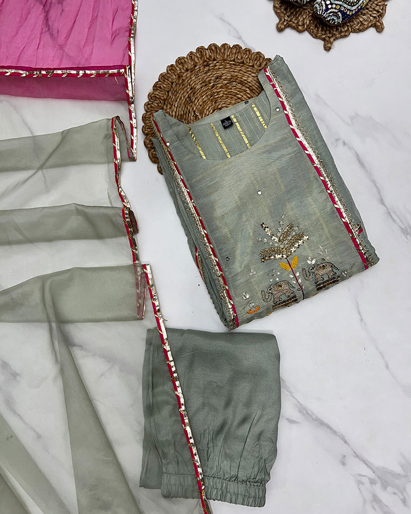 Pista Color Shimmer Silk Three Piece Kurti Suit