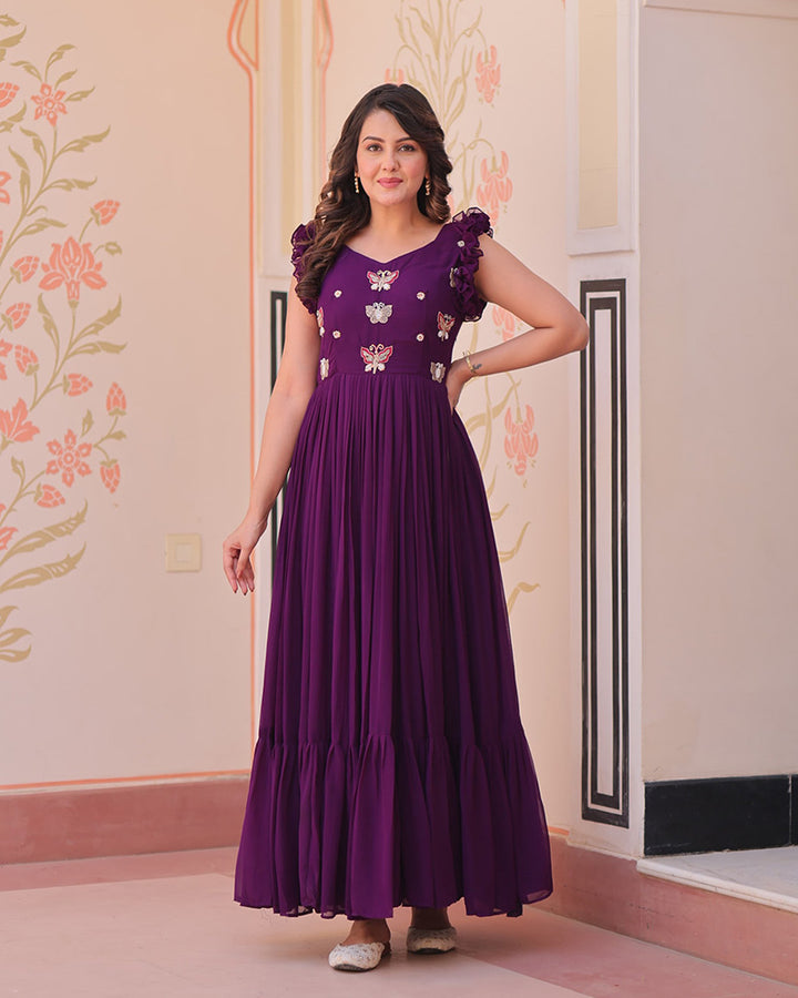 Designer Wine Color Faux Blooming Embroidered work Gown