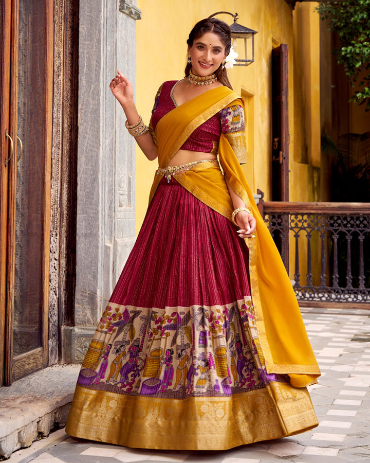 Red Color Poly Chanderi Kalamkari Printed Lehenga Choli