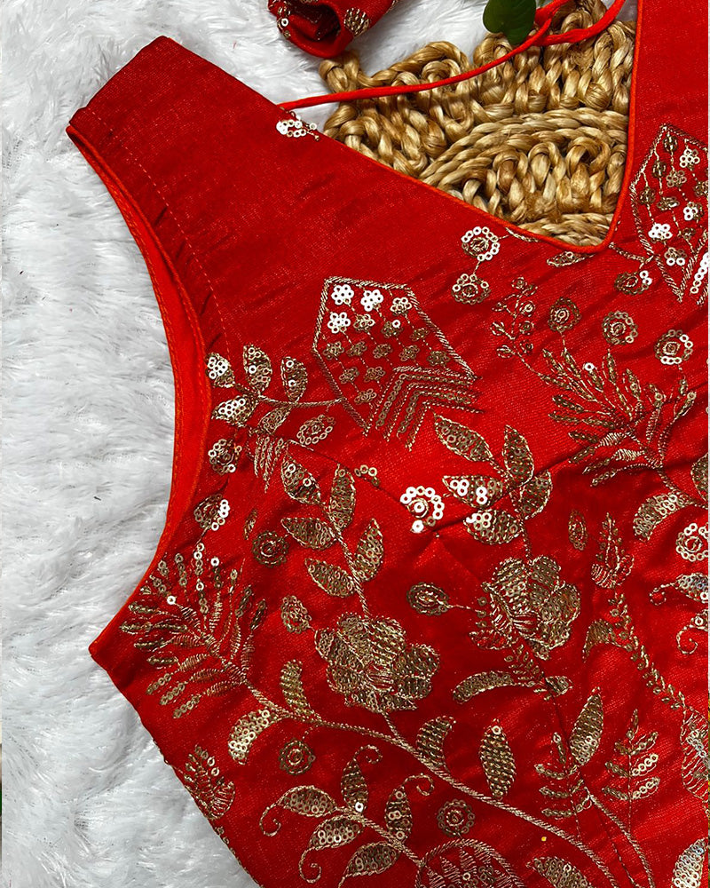 Orange Color Vichitra Silk Embroidered Blouse