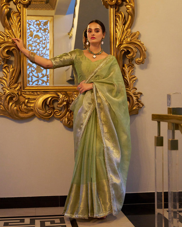 Designer Pista Color Weightless Tissue Shimmer Saree