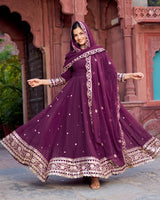 Ethnic Wine Color Georgette Sequence Embroidered Gown