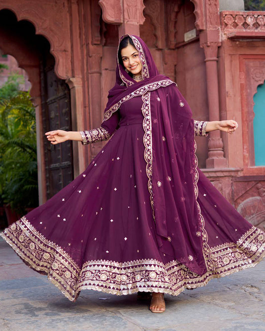 Ethnic Wine Color Georgette Sequence Embroidered Gown