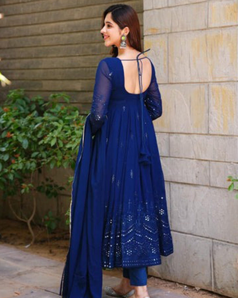 Royal Blue Color Pure Georgette Embroidered Gown