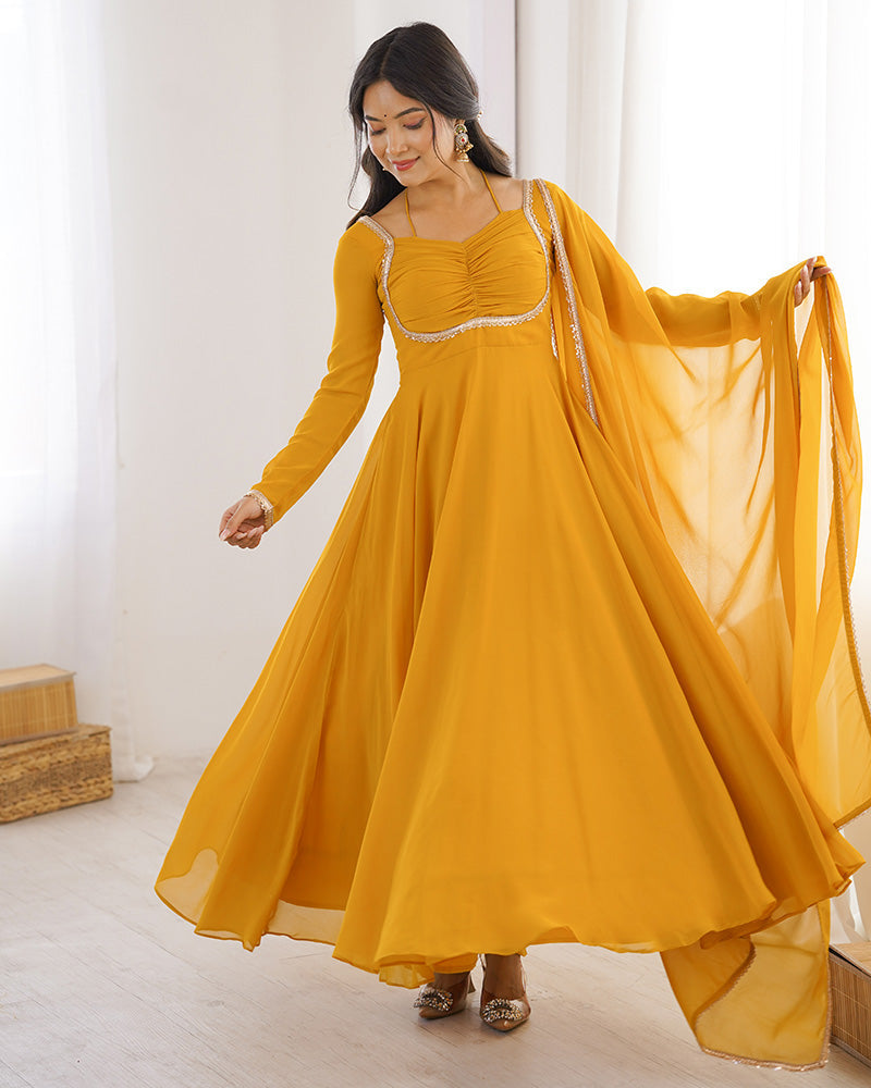 Yellow Color Pure Blooming Georgette Anarkali Gown