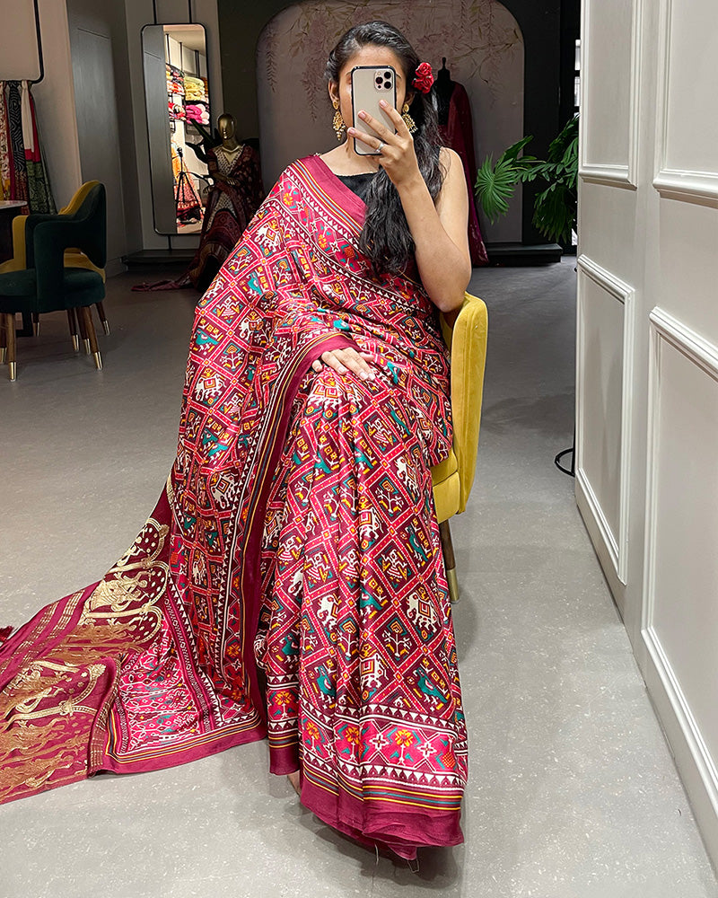 Maroon Color Pure Gaji Silk Lagdi Patta Patola Printed Saree