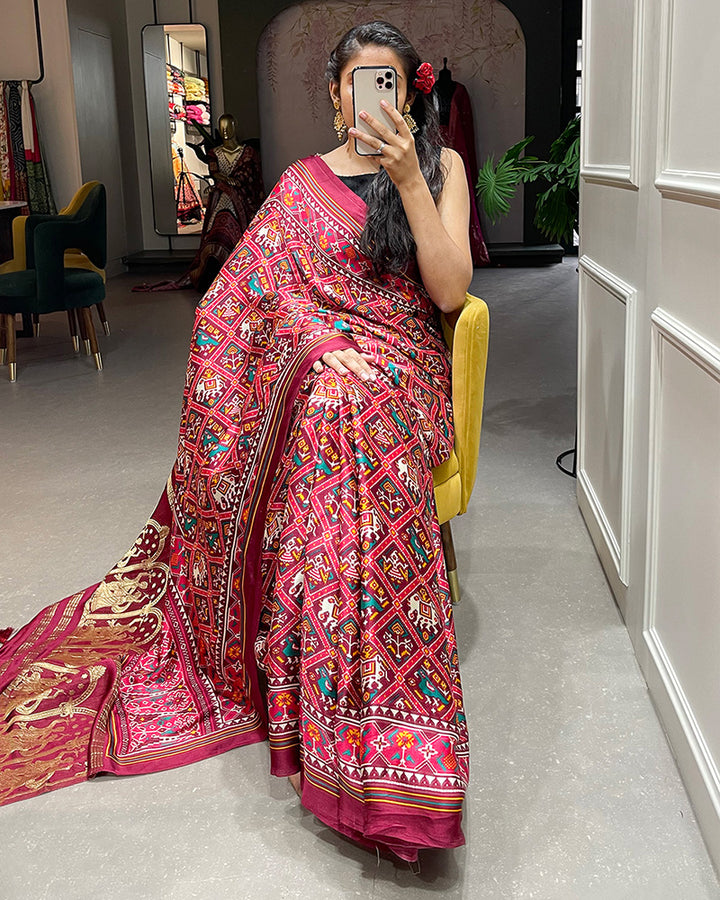 Maroon Color Pure Gaji Silk Lagdi Patta Patola Printed Saree