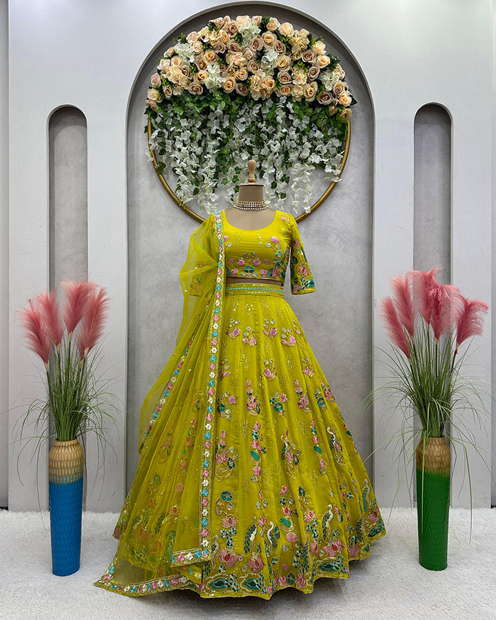 Yellow Color Faux Georgette Sequence Work Lehenga Choli