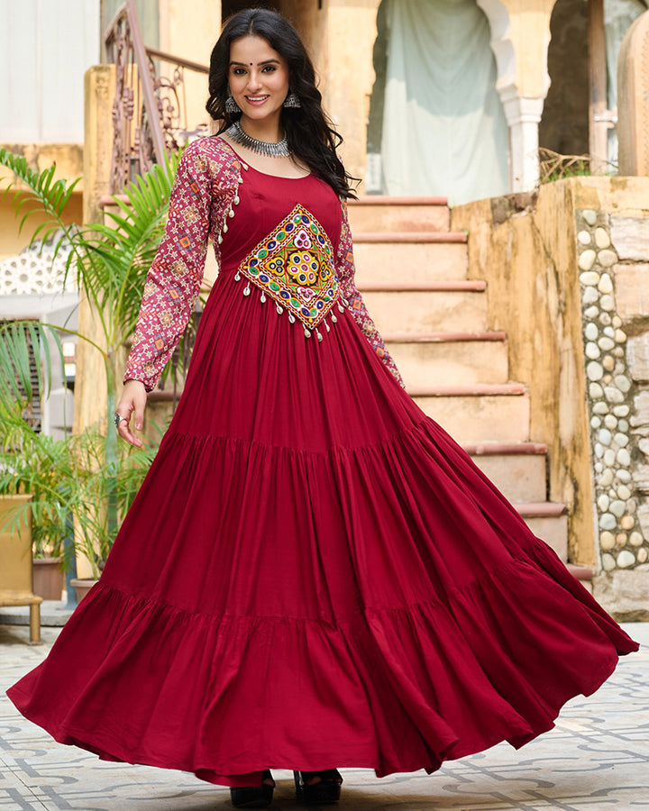 Full Flair Maroon Rayon Gown With Multicolor Embroidery