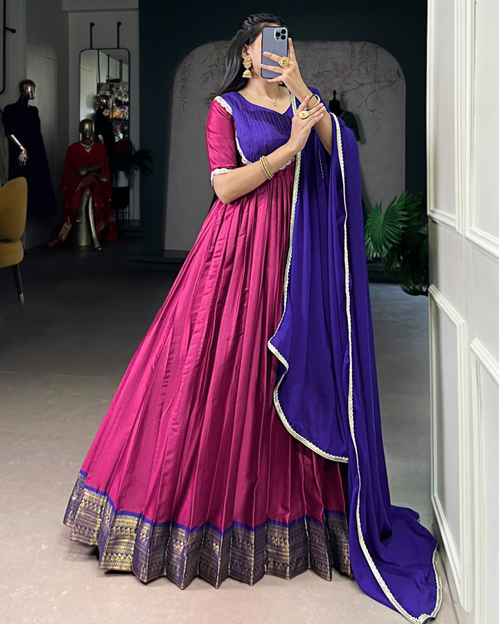 Designer Pink Color Aura Silk Zari Work Gown
