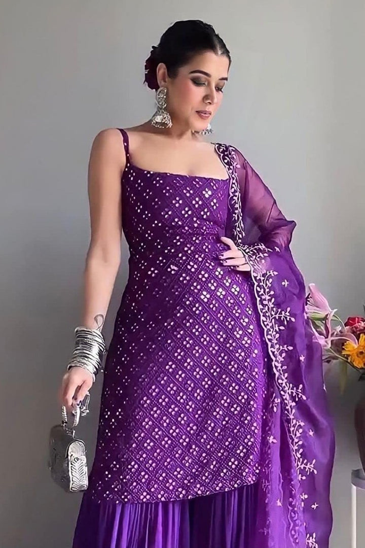 Purple Sequence Work Three Piece Sharara Suit