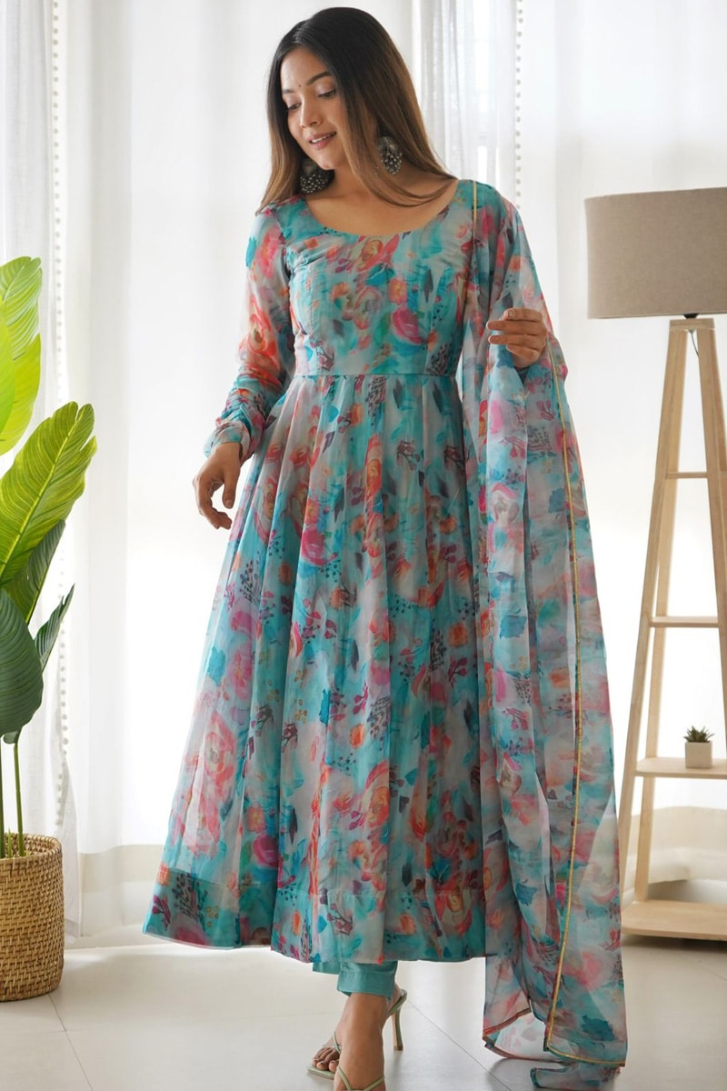 Floral Sky Blue Organza Tebby Silk Anarkali Suit With Dupatta