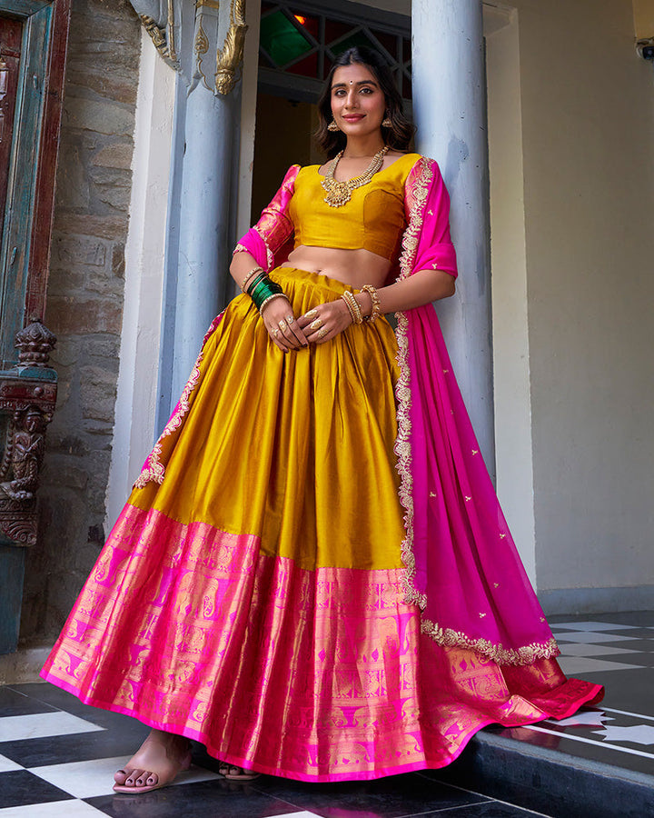 Mustard Color Narayan Pattu Silk Designer Half Saree