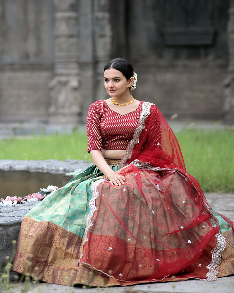 Red Color Kanjivaram Pattu Silk Designer Half Saree