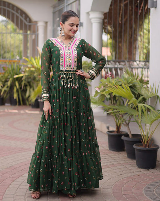 Green Color Faux Georgette Leheriya Print Navratri Gown