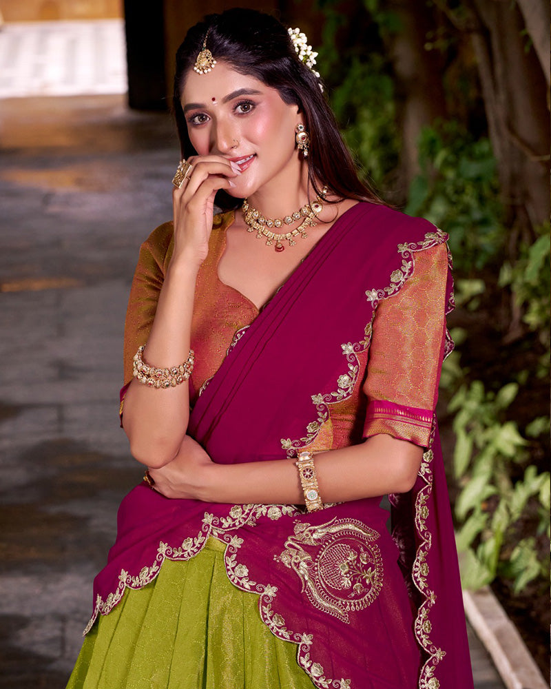 Designer Parrot Green Color Kanchipuram Lehenga Choli
