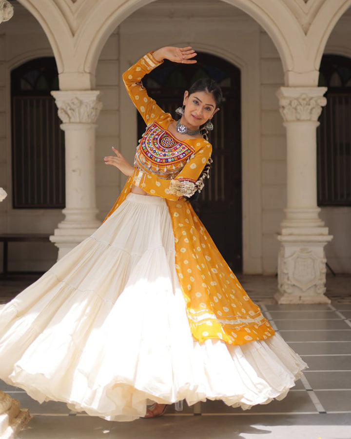 Yellow Bandhani Print Gamthi Jacket Choli With Off-White Flared Lehenga