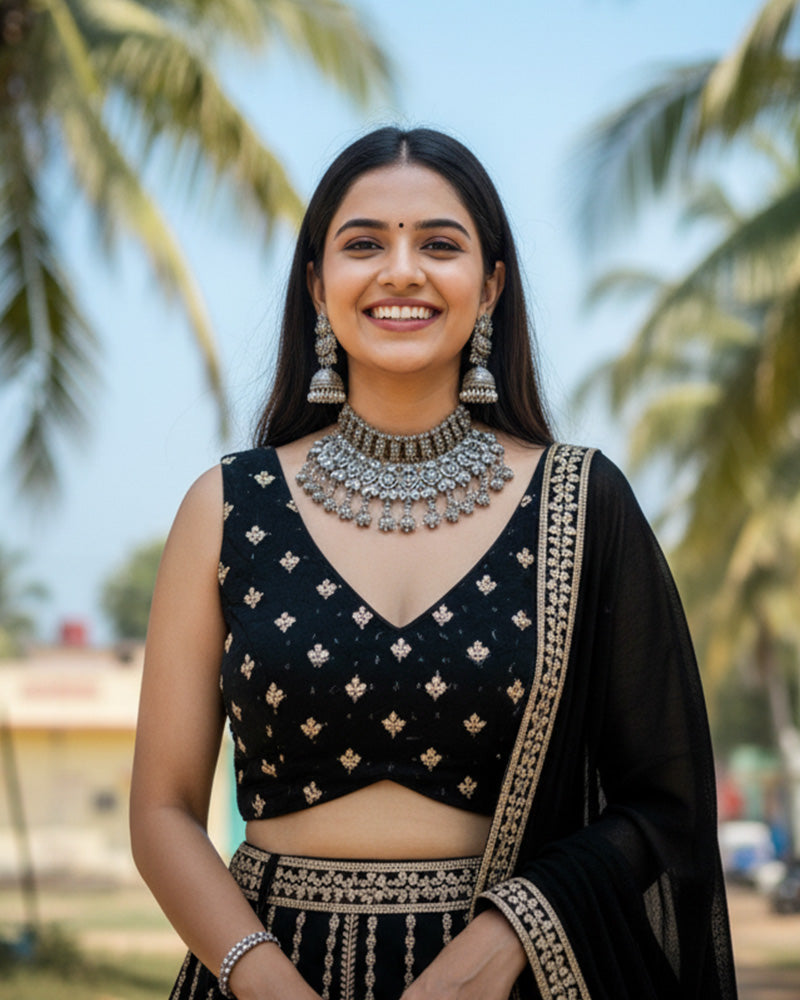 Wedding Wear Black Color Georgette Embroidered Lehenga Choli
