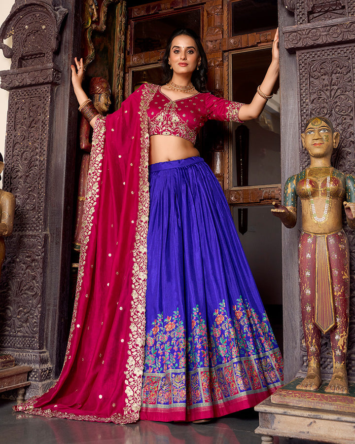 Royal Blue Color Tussar Silk Printed Lehenga Choli
