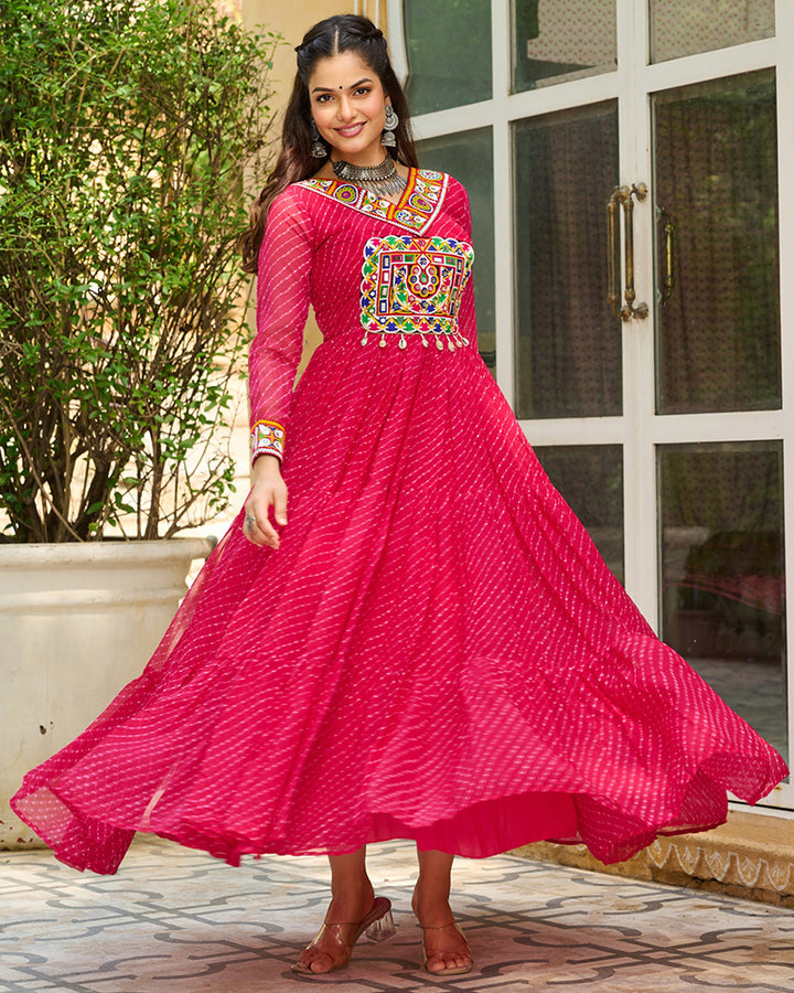 Designer Pink Color Kutchi Embroidered Anarkali Gown