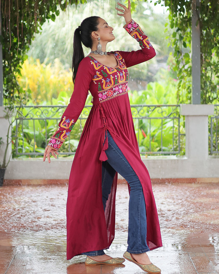 Navratri Wear Red Color Rayon Kutchi Work Kurti