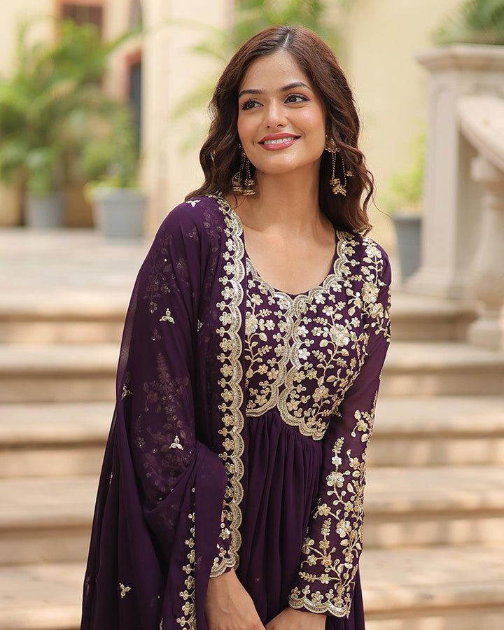 Designer Wine Color Anarkali Gown With Embroidery Dupatta