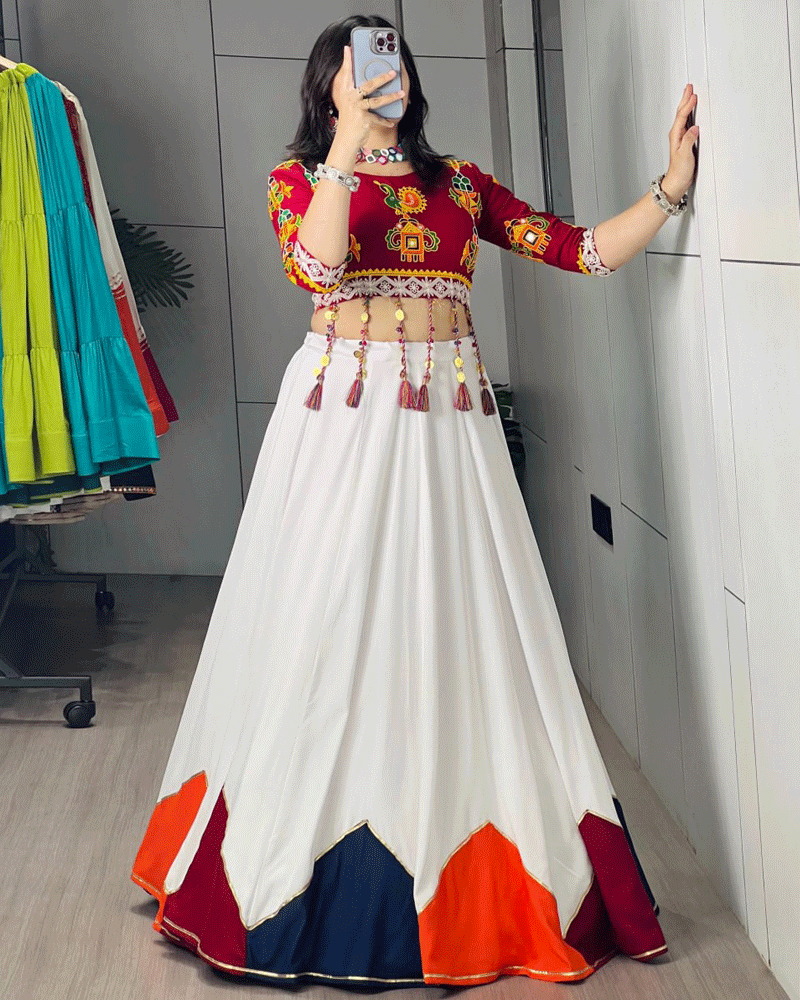 White And Maroon Color Rayon Cotton Navratri Lehenga Set