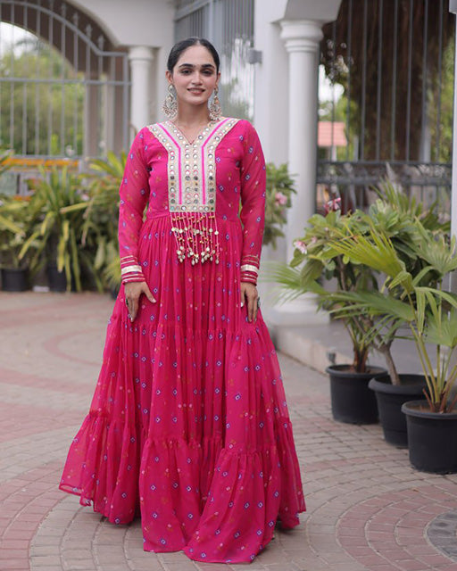 Rani pink Color Faux Georgette Leheriya Print Navratri Gown