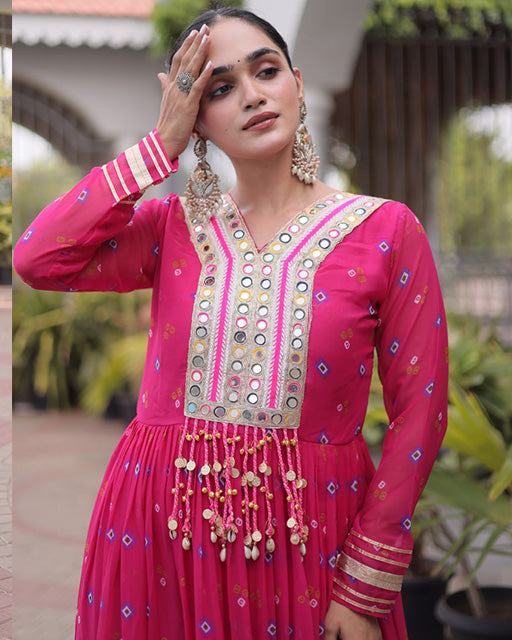 Rani pink Color Faux Georgette Leheriya Print Navratri Gown