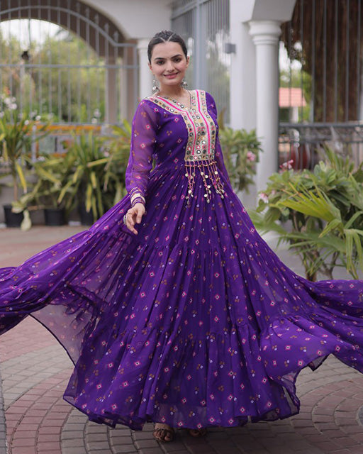 Purple Color Faux Georgette Leheriya Print Navratri Gown