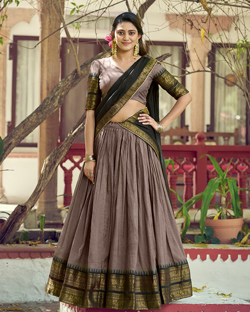 Chikoo Color Poly Cotton Zari Weaving Half Saree