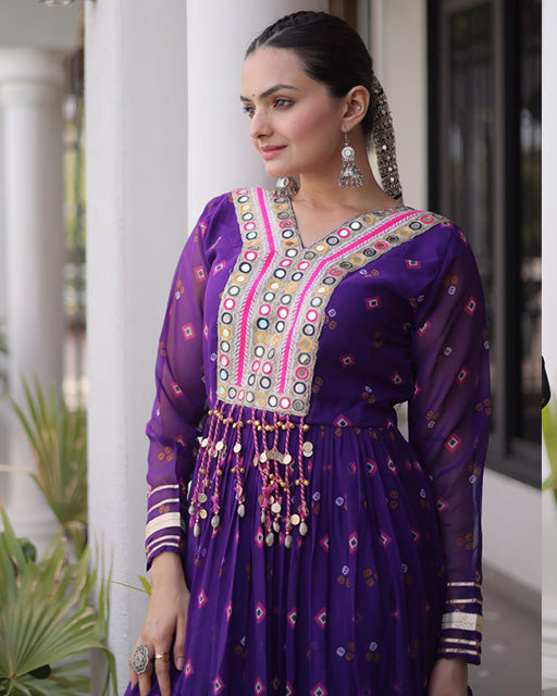 Purple Color Faux Georgette Leheriya Print Navratri Gown