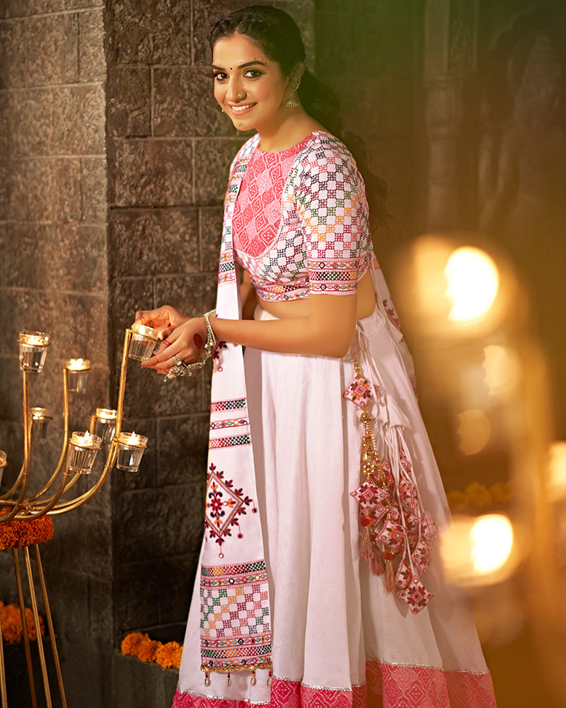 White Color Jacquard Cotton With Real Mirror Work Navratri Lehenga Choli
