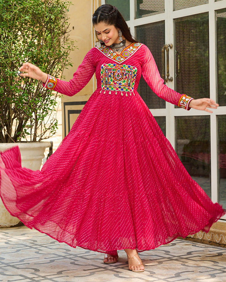 Designer Pink Color Kutchi Embroidered Anarkali Gown