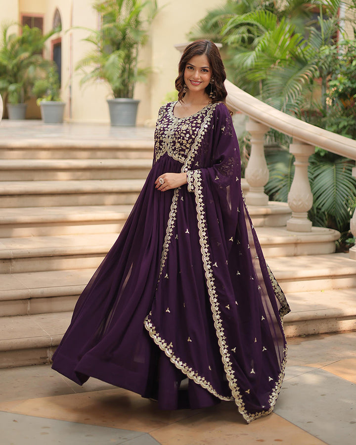 Designer Wine Color Anarkali Gown With Embroidery Dupatta