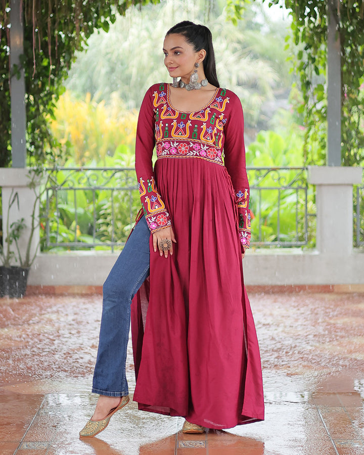 Navratri Wear Red Color Rayon Kutchi Work Kurti