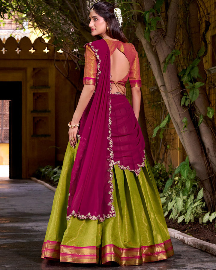 Designer Parrot Green Color Kanchipuram Lehenga Choli
