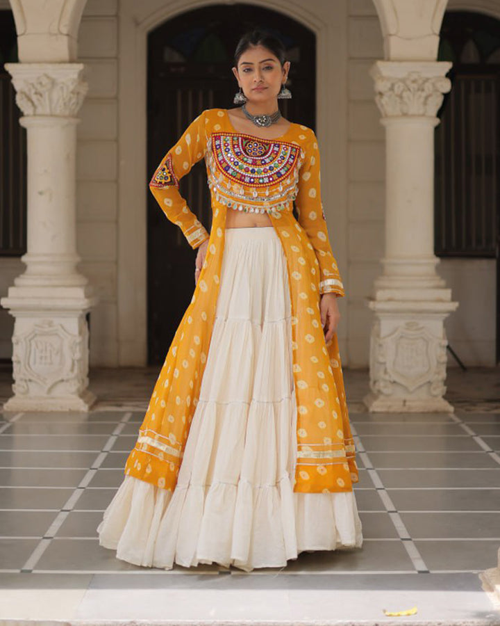 Yellow Bandhani Print Gamthi Jacket Choli With Off-White Flared Lehenga