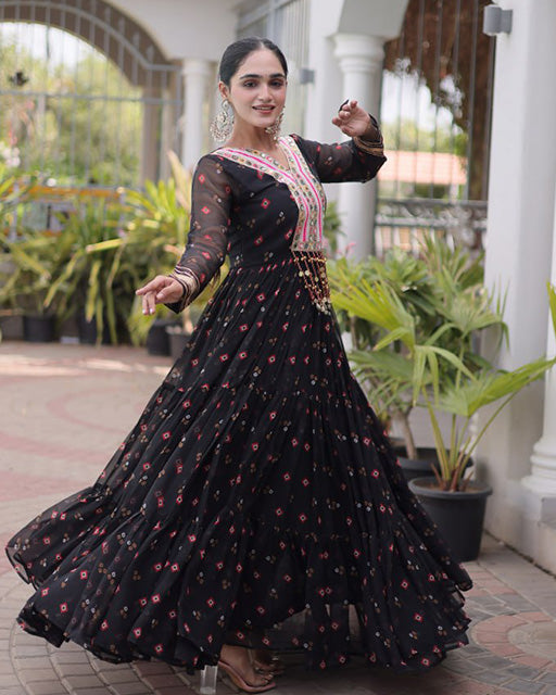 Black Color Faux Georgette Leheriya Print Navratri Gown