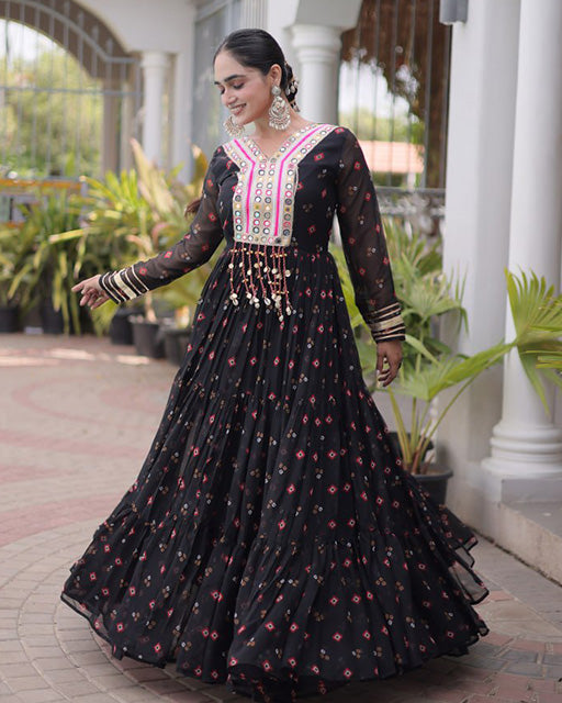 Black Color Faux Georgette Leheriya Print Navratri Gown