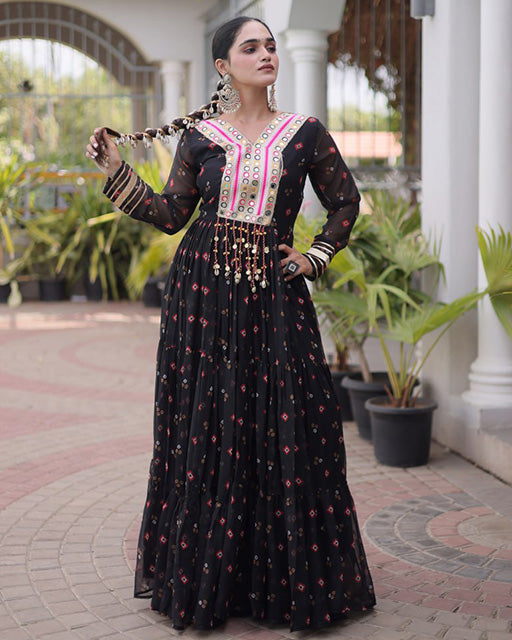 Black Color Faux Georgette Leheriya Print Navratri Gown