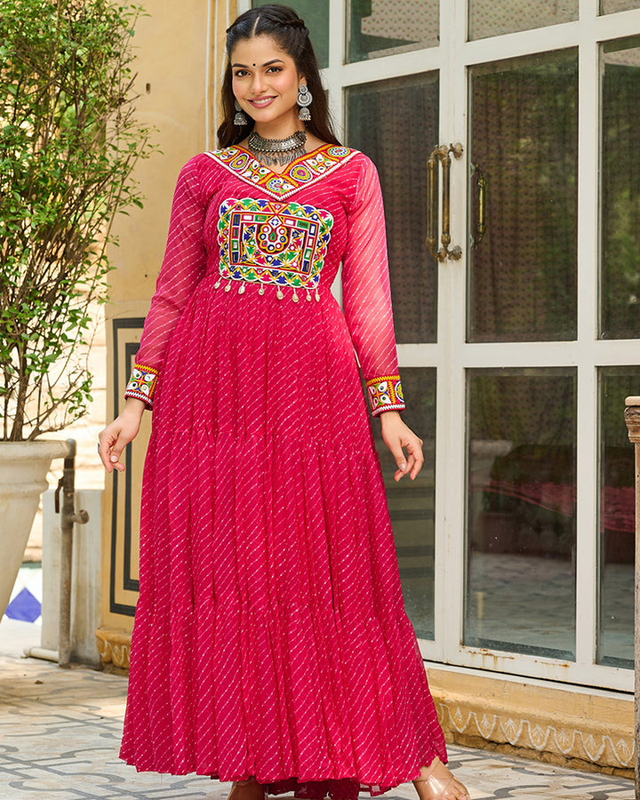 Designer Pink Color Kutchi Embroidered Anarkali Gown