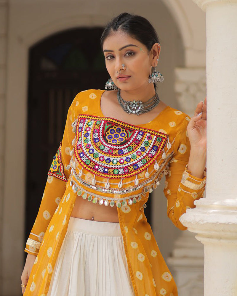 Yellow Bandhani Print Gamthi Jacket Choli With Off-White Flared Lehenga