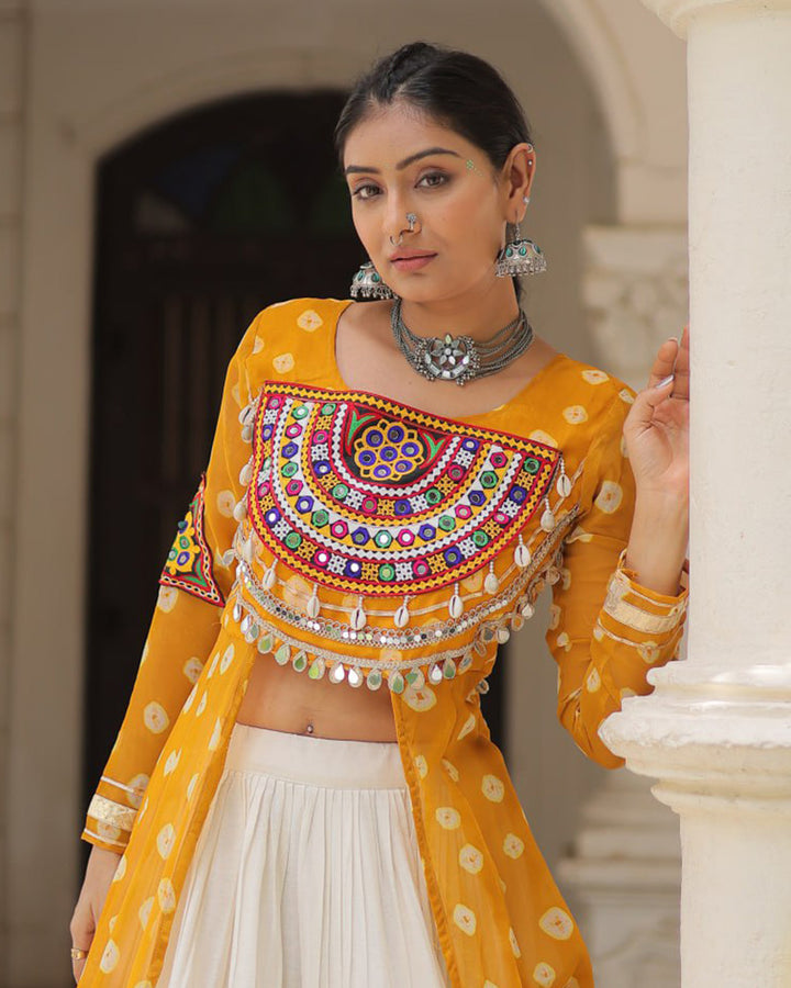 Yellow Bandhani Print Gamthi Jacket Choli With Off-White Flared Lehenga