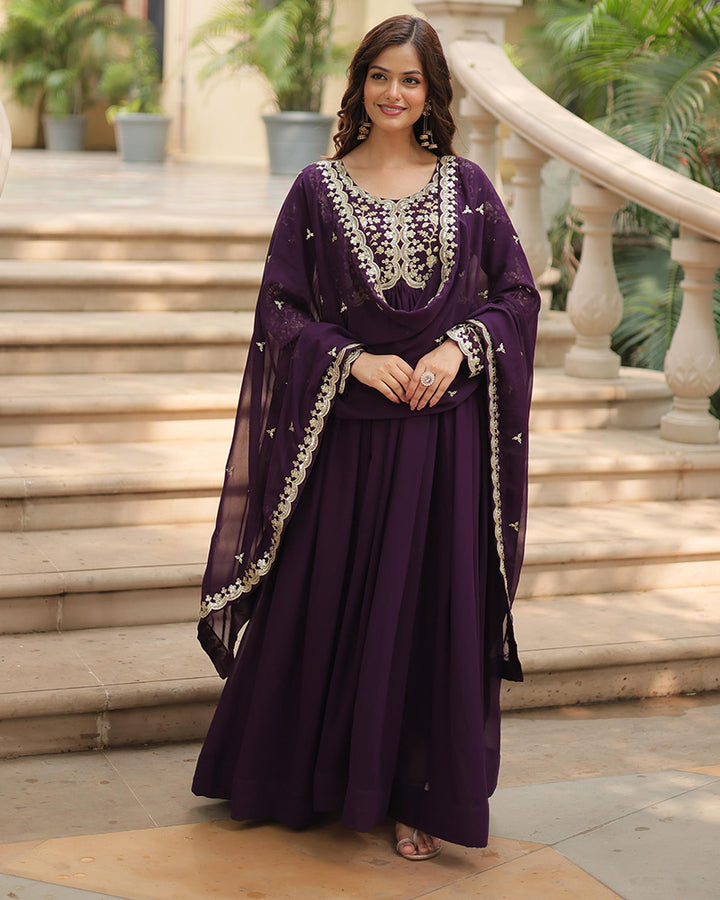 Designer Wine Color Anarkali Gown With Embroidery Dupatta