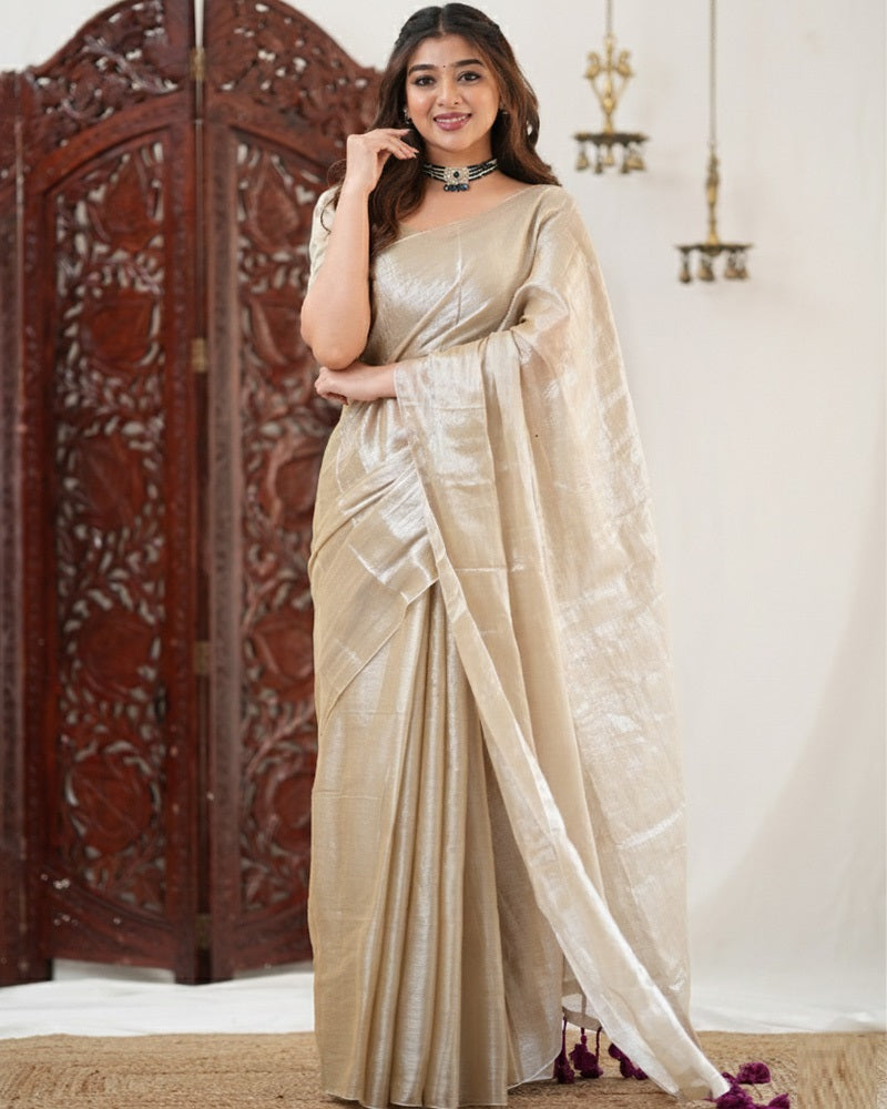 Off-White Color Handloom Raga Tissue Cotton Saree