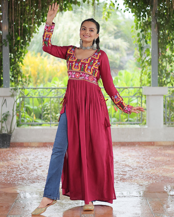 Navratri Wear Red Color Rayon Kutchi Work Kurti